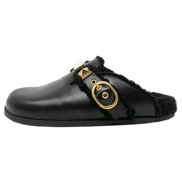 Valentino Garavani Roman Stud Black Leather Shearling Slip‑On Mules US 7.5 - Picture 2 of 10